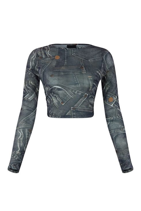 Break It Off Denim Print Mesh Top Crop Top EDGE Small Black